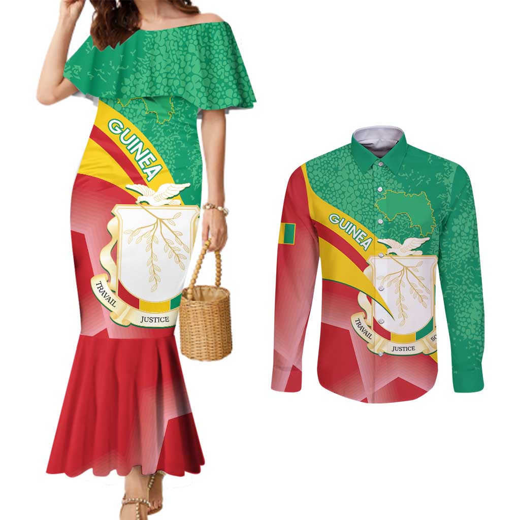 Personalised Guinea Independence Day Couples Matching Mermaid Dress and Long Sleeve Button Shirt Happy 2 October Guinee Coat Of Arms