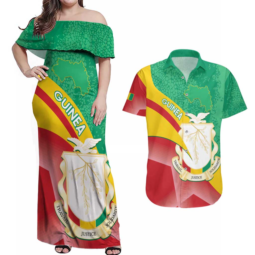 Personalised Guinea Independence Day Couples Matching Off Shoulder Maxi Dress and Hawaiian Shirt Happy 2 October Guinee Coat Of Arms - Wonder Print Shop