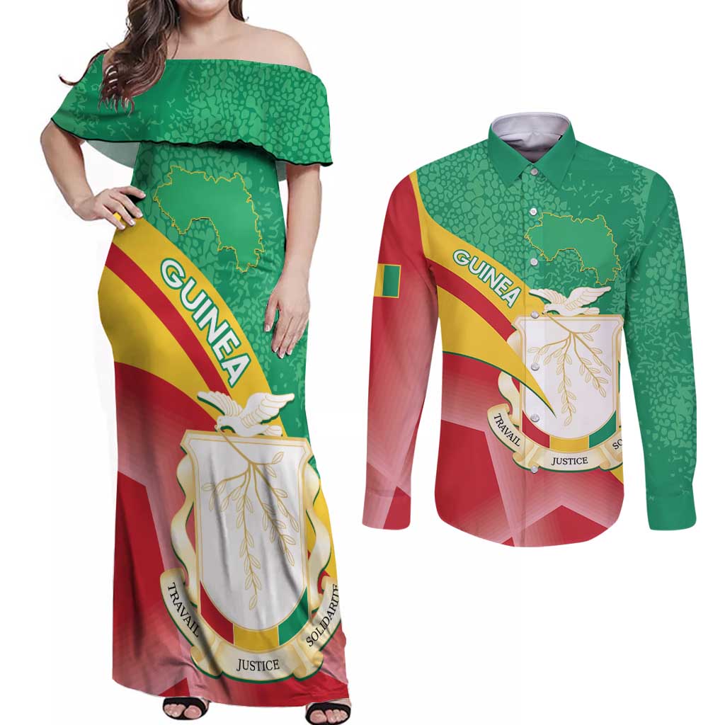 Personalised Guinea Independence Day Couples Matching Off Shoulder Maxi Dress and Long Sleeve Button Shirt Happy 2 October Guinee Coat Of Arms - Wonder Print Shop