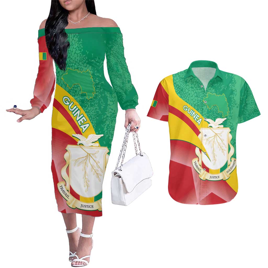 Personalised Guinea Independence Day Couples Matching Off The Shoulder Long Sleeve Dress and Hawaiian Shirt Happy 2 October Guinee Coat Of Arms - Wonder Print Shop