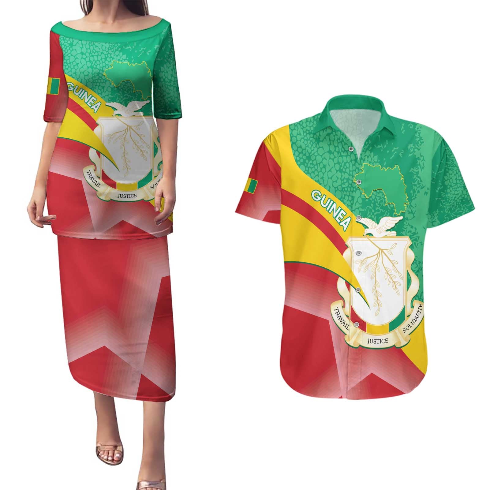 Personalised Guinea Independence Day Couples Matching Puletasi and Hawaiian Shirt Happy 2 October Guinee Coat Of Arms - Wonder Print Shop