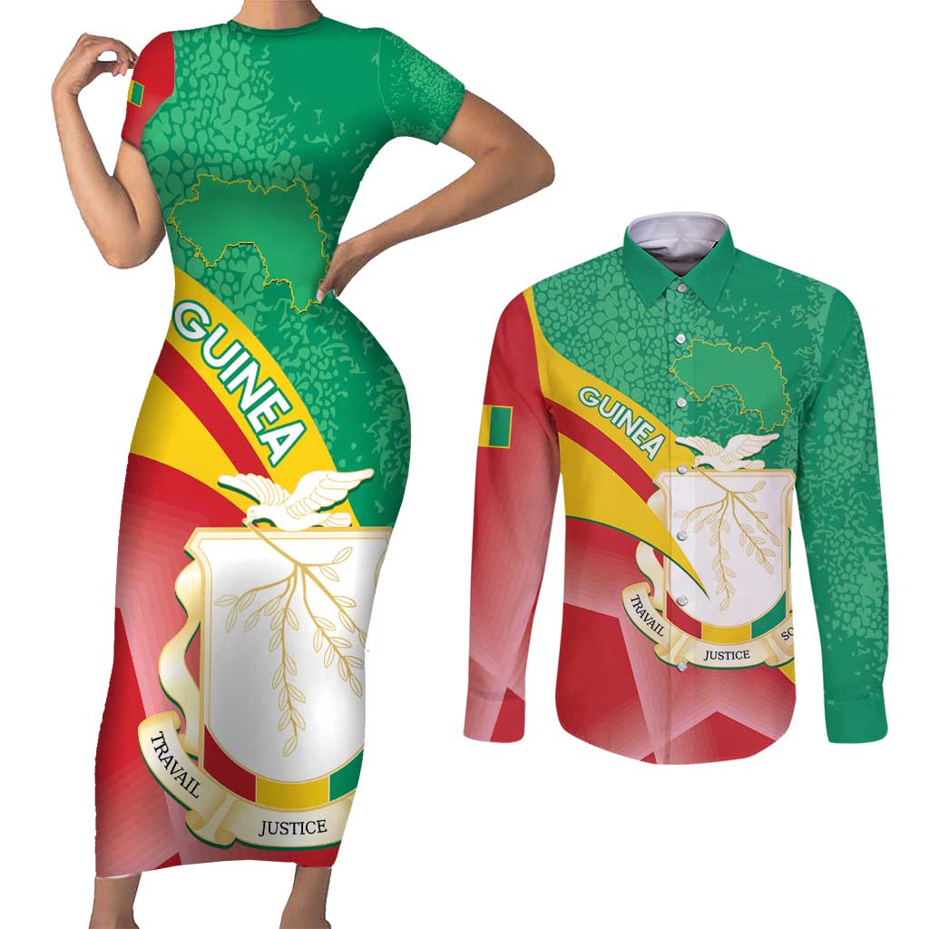 Personalised Guinea Independence Day Couples Matching Short Sleeve Bodycon Dress and Long Sleeve Button Shirt Happy 2 October Guinee Coat Of Arms - Wonder Print Shop