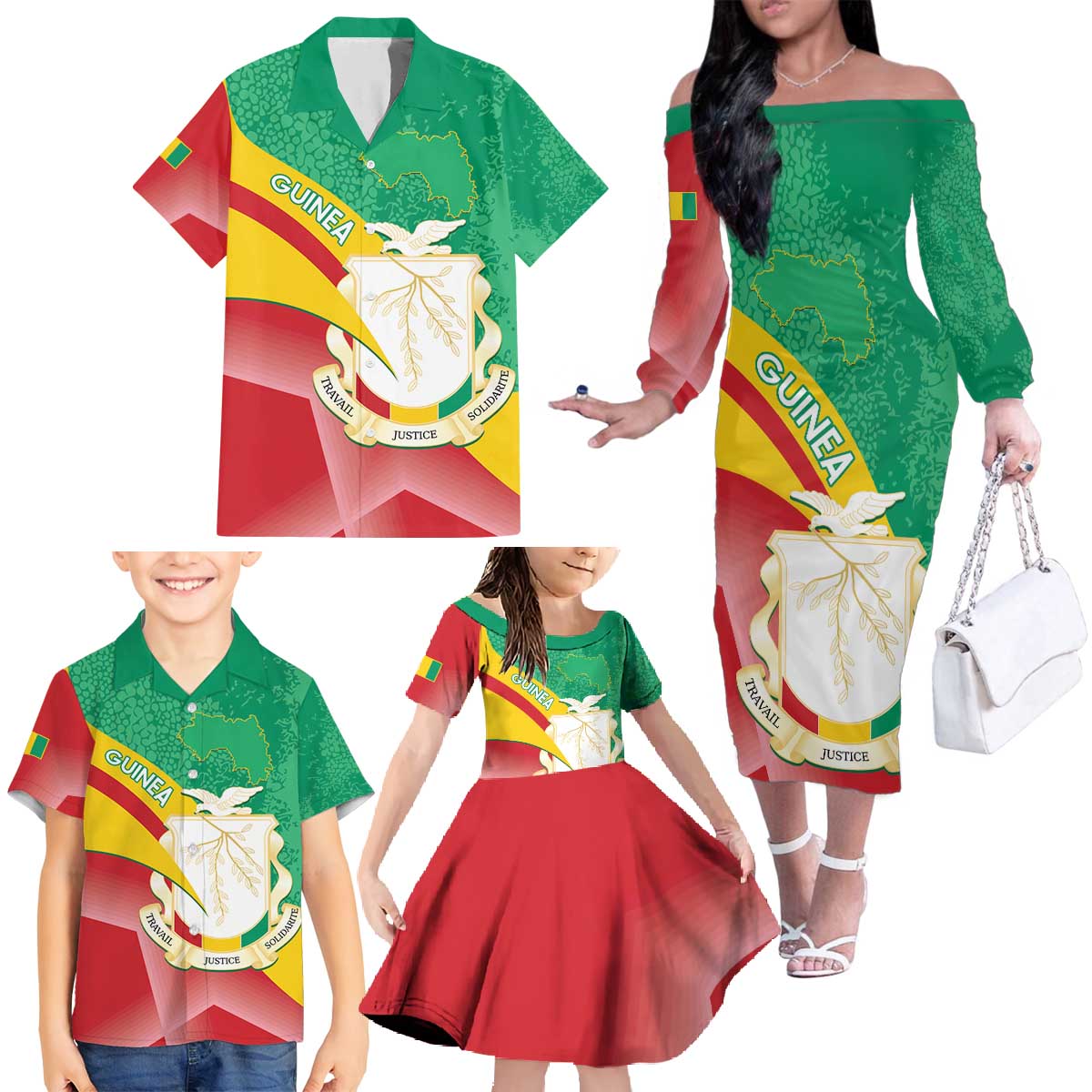 Personalised Guinea Independence Day Family Matching Off The Shoulder Long Sleeve Dress and Hawaiian Shirt Happy 2 October Guinee Coat Of Arms - Wonder Print Shop