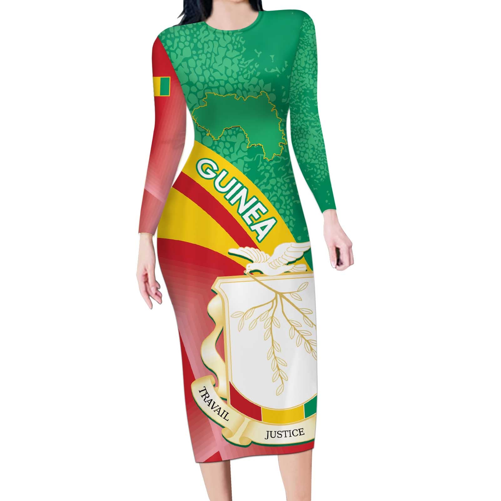 Personalised Guinea Independence Day Long Sleeve Bodycon Dress Happy 2 October Guinee Coat Of Arms - Wonder Print Shop