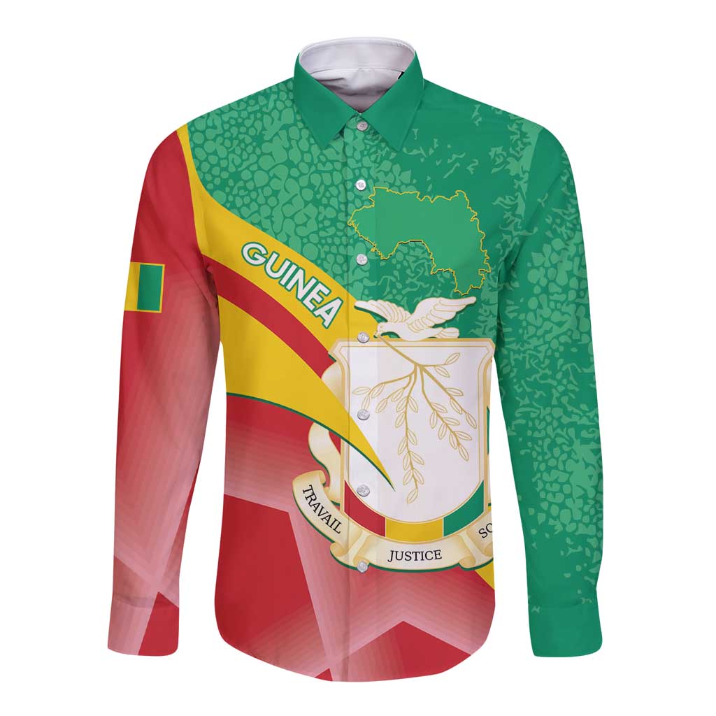 Unisex long-sleeve button shirt in green with Guinea emblem and flag print