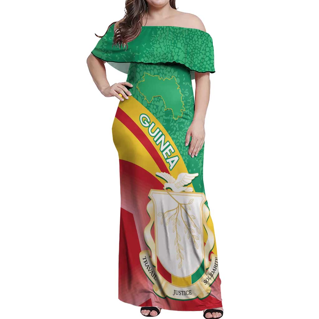 Personalised Guinea Independence Day Off Shoulder Maxi Dress Happy 2 October Guinee Coat Of Arms - Wonder Print Shop