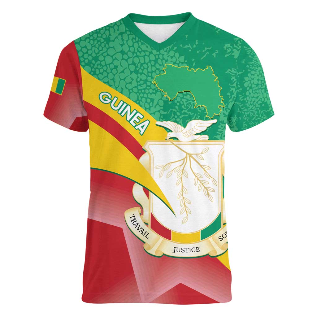 Personalised Guinea Independence Day Women V-Neck T-Shirt Happy 2 October Guinee Coat Of Arms - Wonder Print Shop