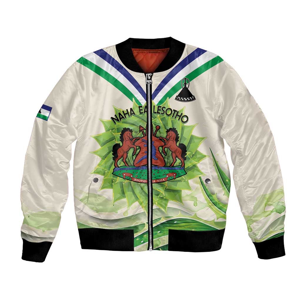 Ivory bomber jacket with front zipper, green-and-blue stripes, coat-of-arms and lions