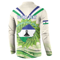 Ivory button-up sweatshirt back print: Lesotho map, bell icon, and 'YOUR TEXT'