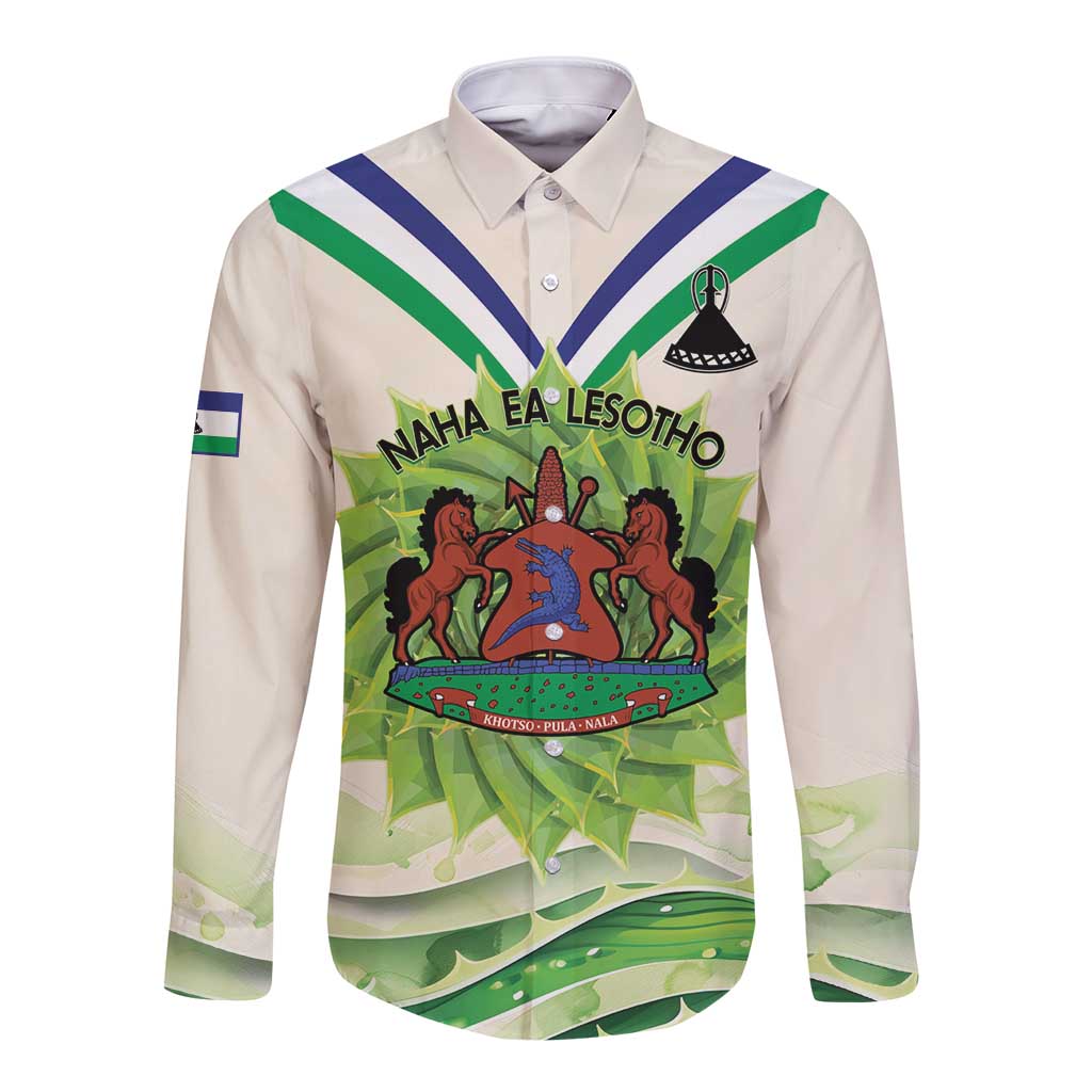 Ivory long sleeve button shirt with green-blue Lesotho emblem graphic