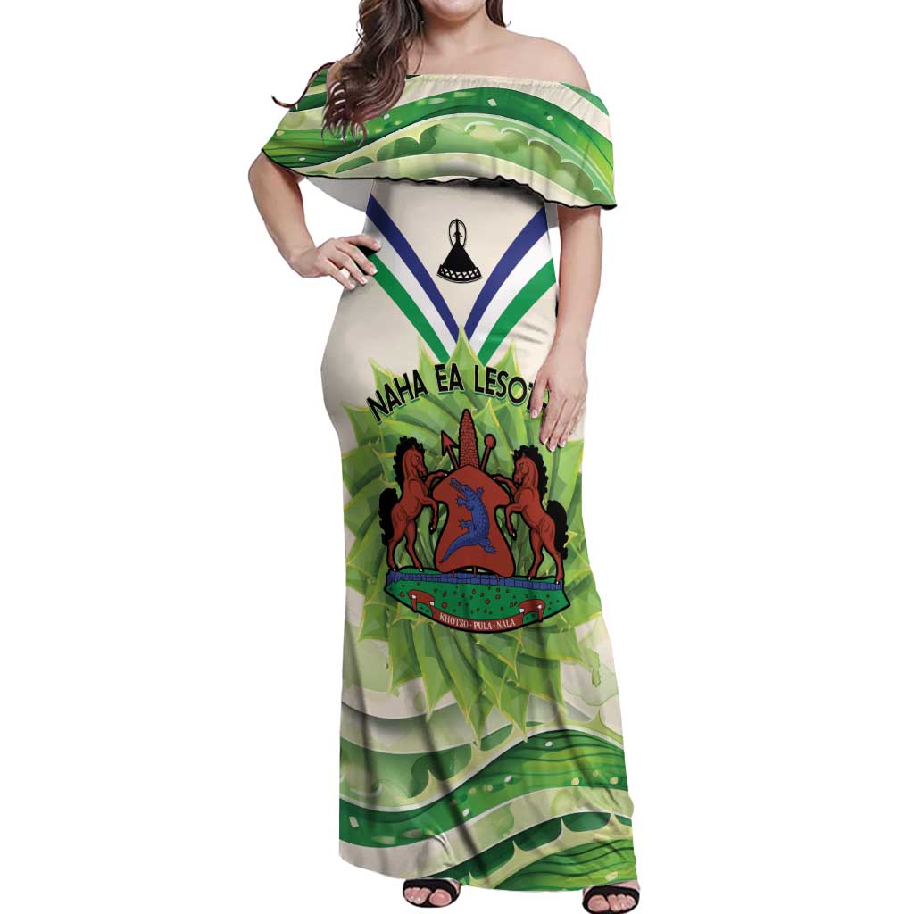 Personalised Lesotho Independence Day Off Shoulder Maxi Dress Aloe Polyphylla Mix Coat Of Arms