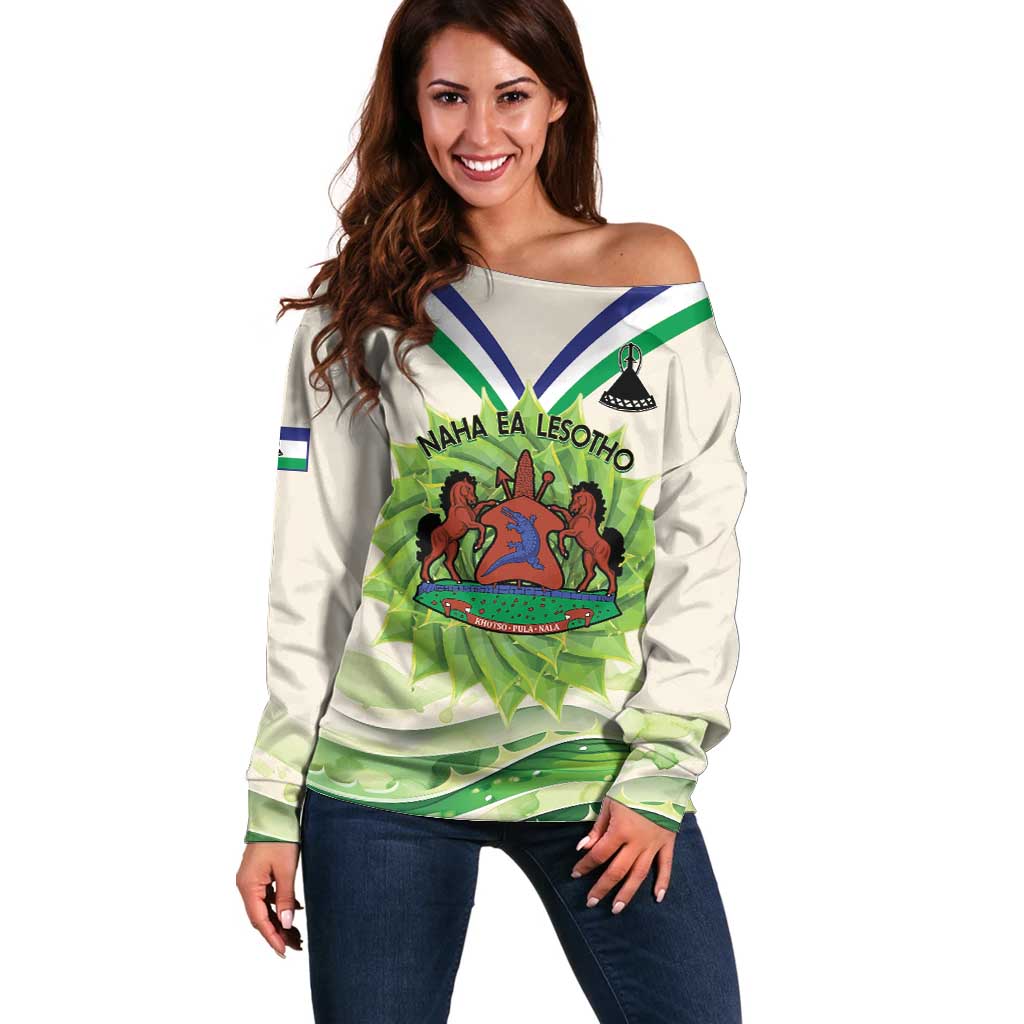 Personalised Lesotho Independence Day Off Shoulder Sweater Aloe Polyphylla Mix Coat Of Arms - Wonder Print Shop