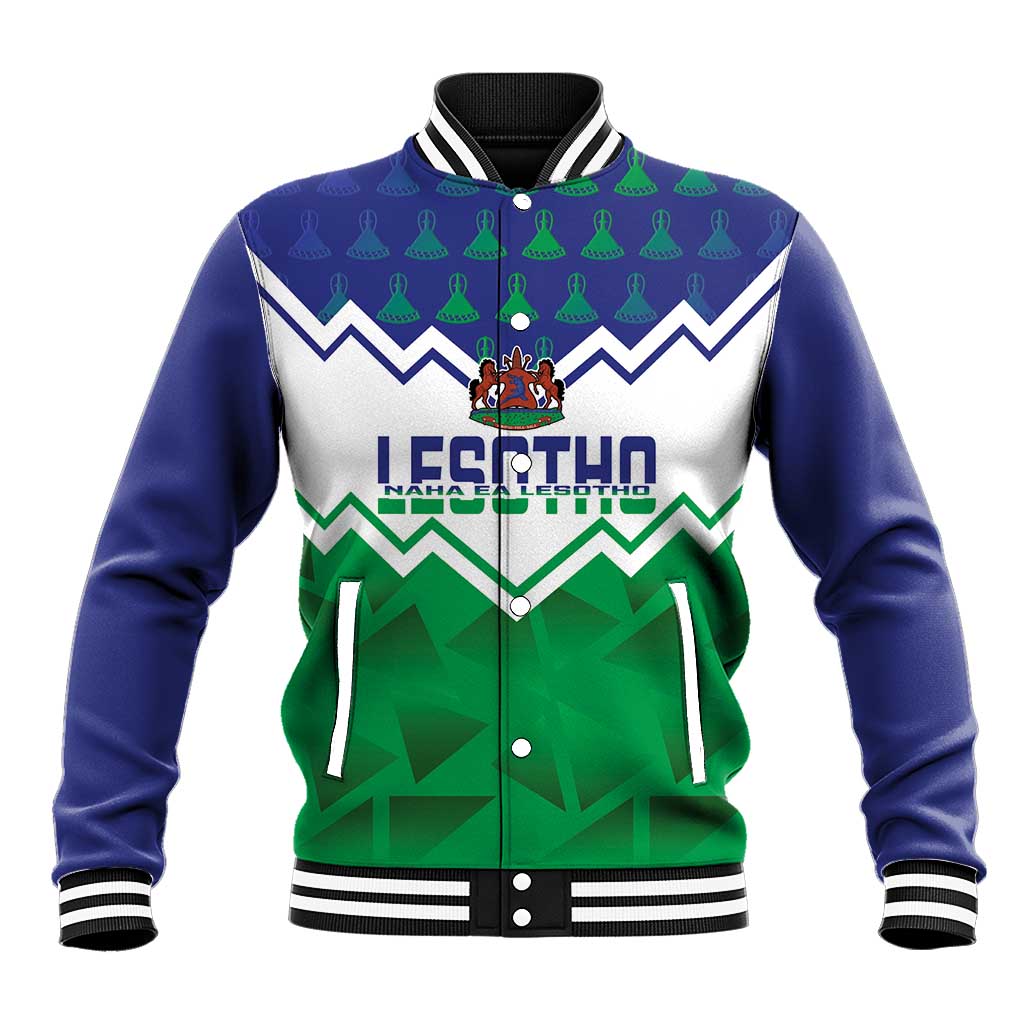 Personalized Lesotho independence day baseball jacket, blue sleeves, green front graphic