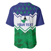 Men's baseball jersey with blue and green chevron print and custom text