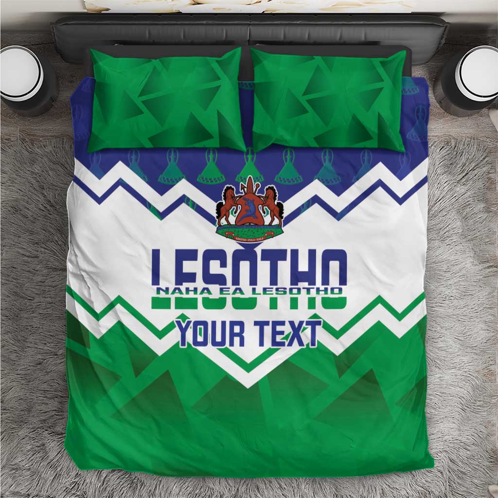 Personalized Lesotho bedding set, blue and green zigzag crest duvet with YOUR TEXT