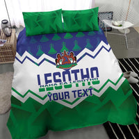 Personalized Lesotho bedding set, crest zigzag duvet in green and blue with YOUR TEXT