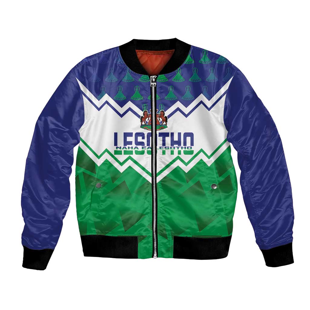 Unisex bomber jacket with full zip, ribbed cuffs, and blue/green/white graphic front