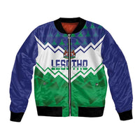 Unisex bomber jacket with full zip, ribbed cuffs, and blue/green/white graphic front