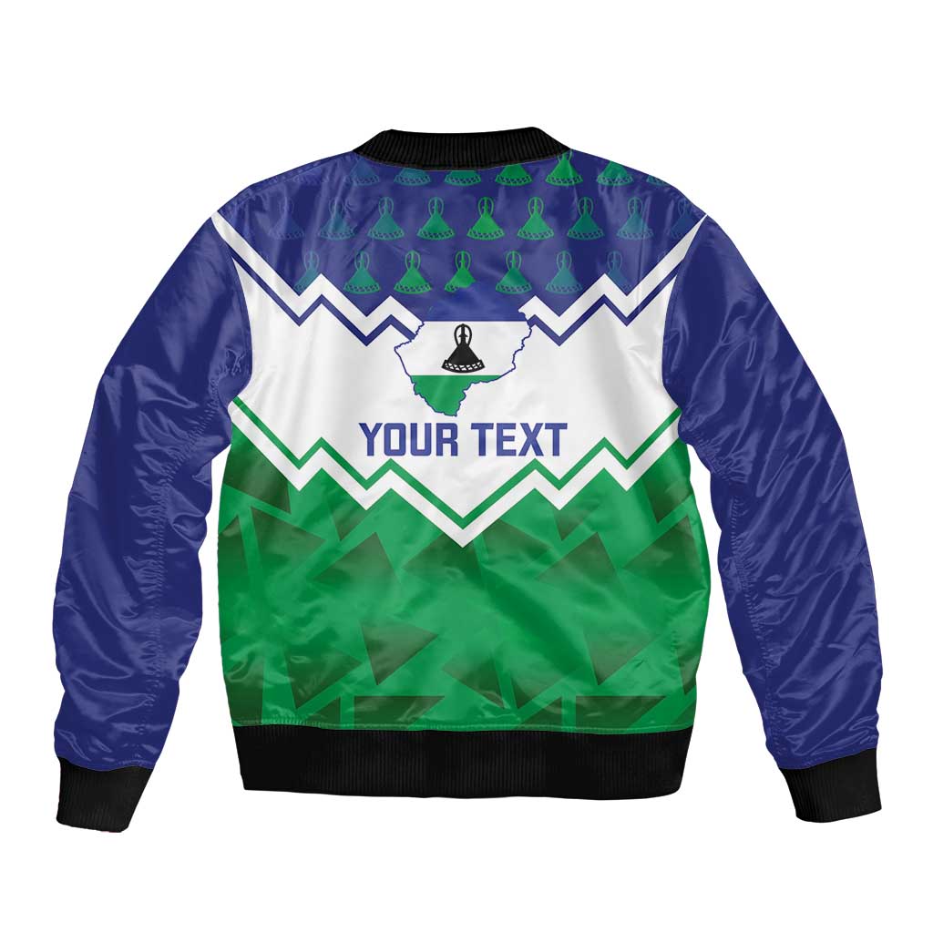 Unisex bomber jacket back with ribbed hem and blue/green zigzag print, 'YOUR TEXT'