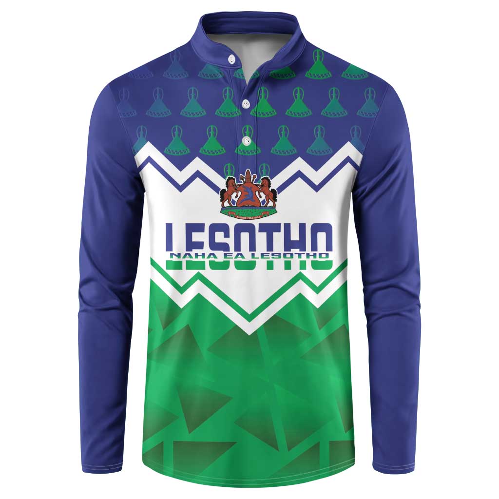 Navy button-collar sweatshirt with green and white Lesotho graphic front