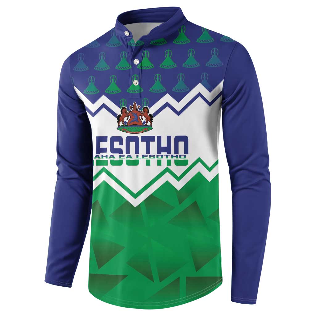Navy button-collar sweatshirt with green chevrons and Lesotho crest and text