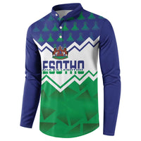 Navy button-collar sweatshirt with green chevrons and Lesotho crest and text