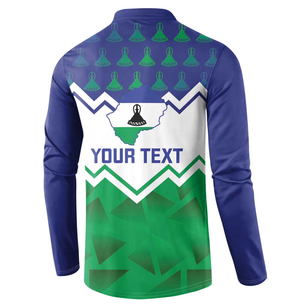 Navy button-collar sweatshirt with Lesotho map and 'YOUR TEXT' print on back