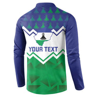 Navy button-collar sweatshirt with Lesotho map and 'YOUR TEXT' print on back