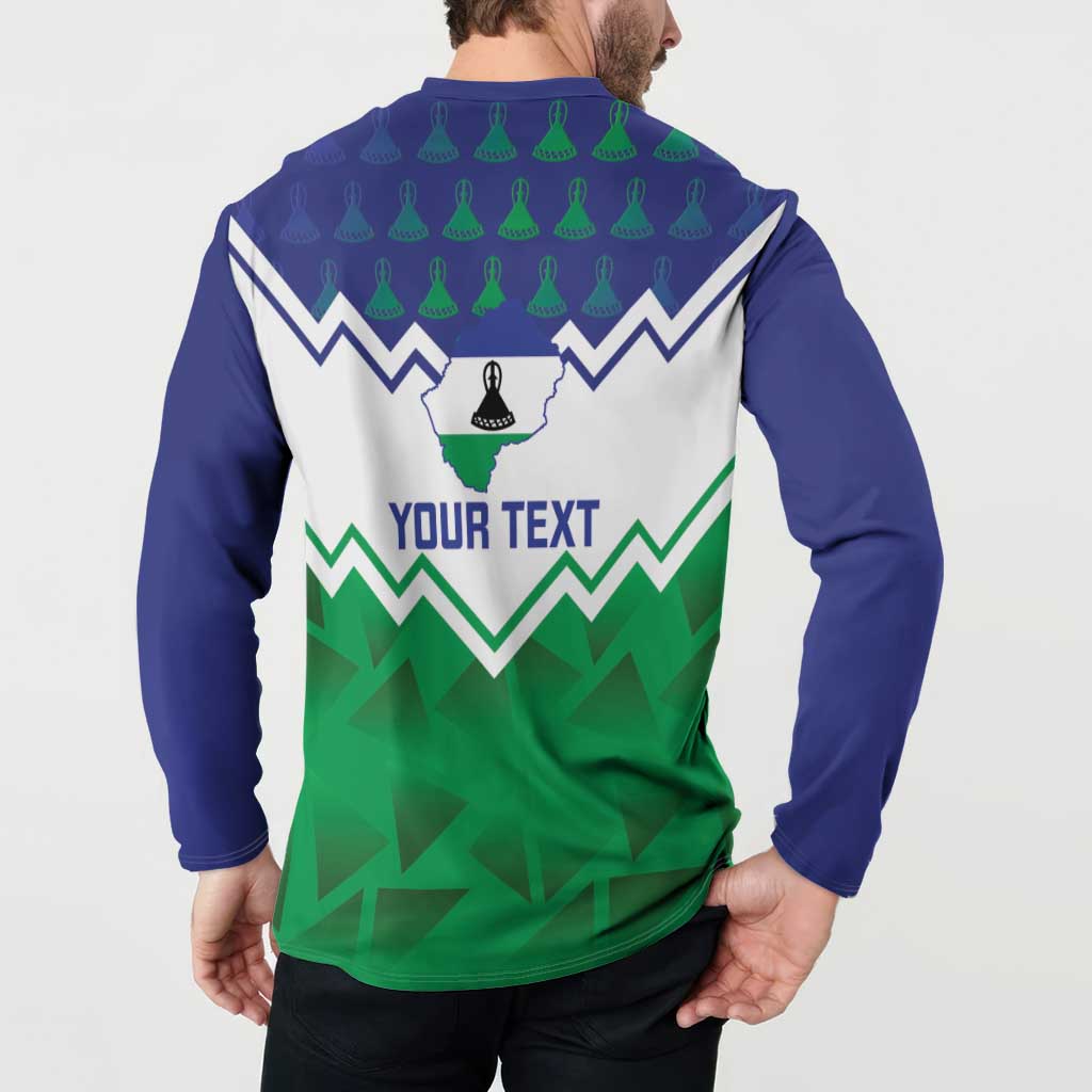 Navy button-collar sweatshirt back with Lesotho map icon and 'YOUR TEXT' print