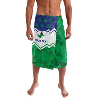 Green personalized lavalava skirt with map, tree icons, and 'YOUR TEXT' print