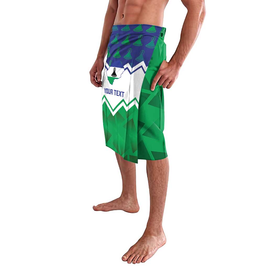 Green personalized lavalava skirt with map, tree icons, and 'YOUR TEXT' front graphic
