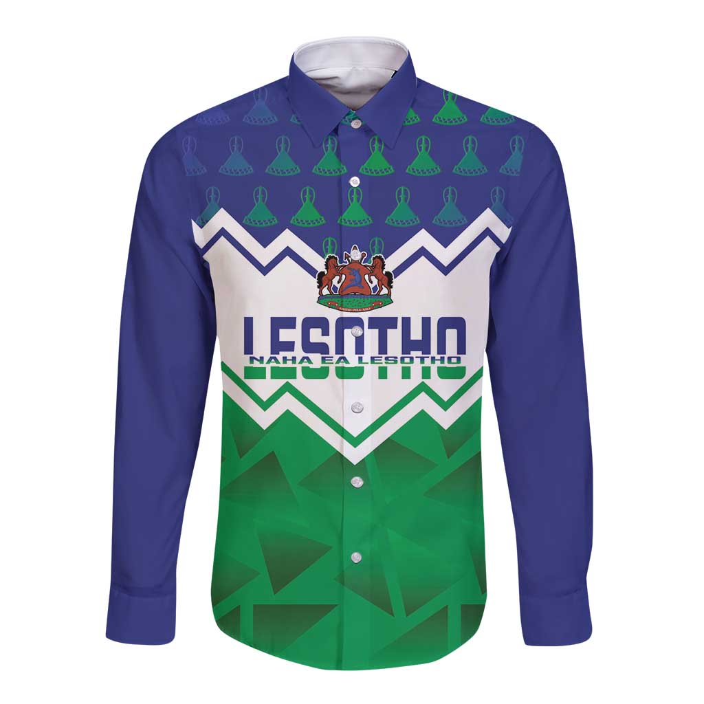 Long-sleeve button shirt with green-and-blue graphic, front buttons and collar