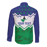 Back of long-sleeve button shirt with 'YOUR TEXT' graphic, green-blue design