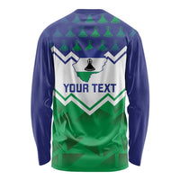 Unisex long sleeve shirt in dark blue and green, 'YOUR TEXT' over Lesotho chevron print
