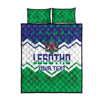 Green quilt bed set with “LESOTHO” and “YOUR TEXT” text, plus two quilted pillowcases