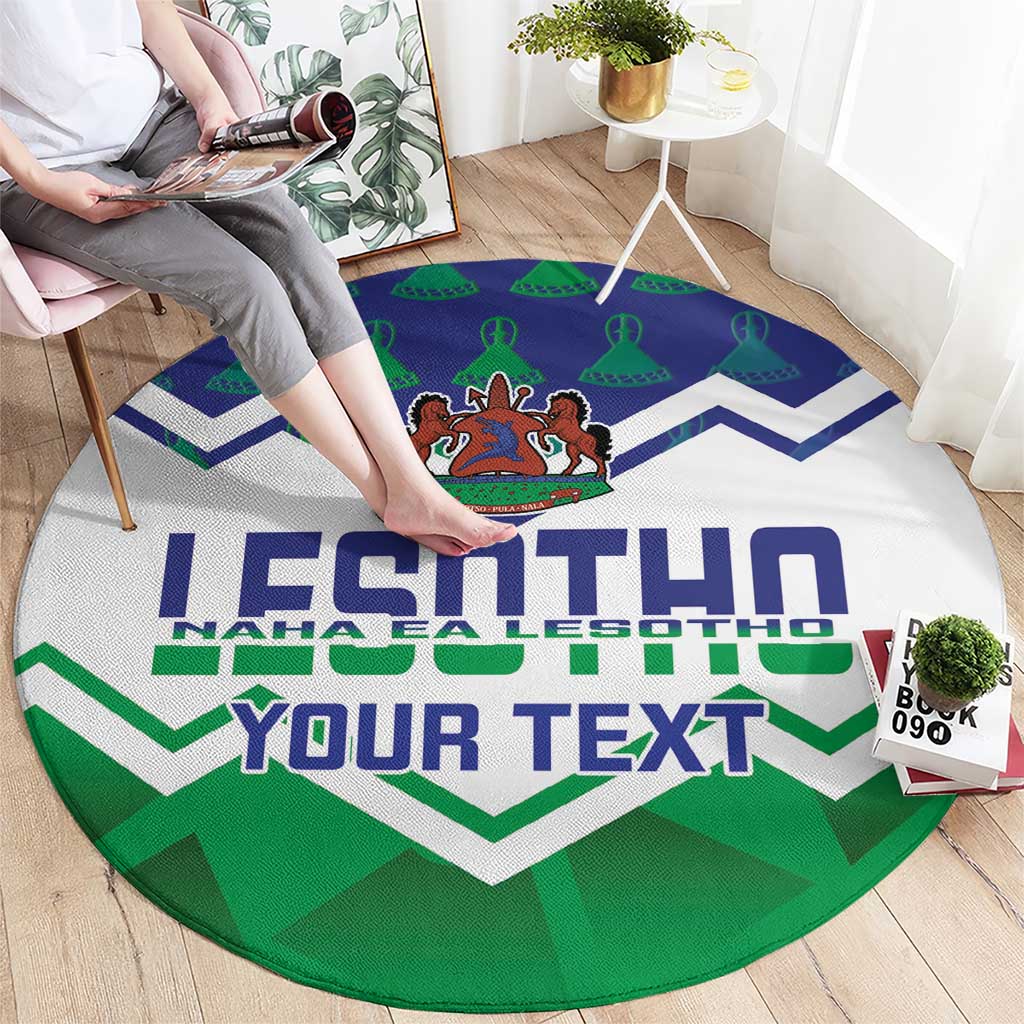 Round green rug with LESOTHO and YOUR TEXT in zigzag pattern, emblem