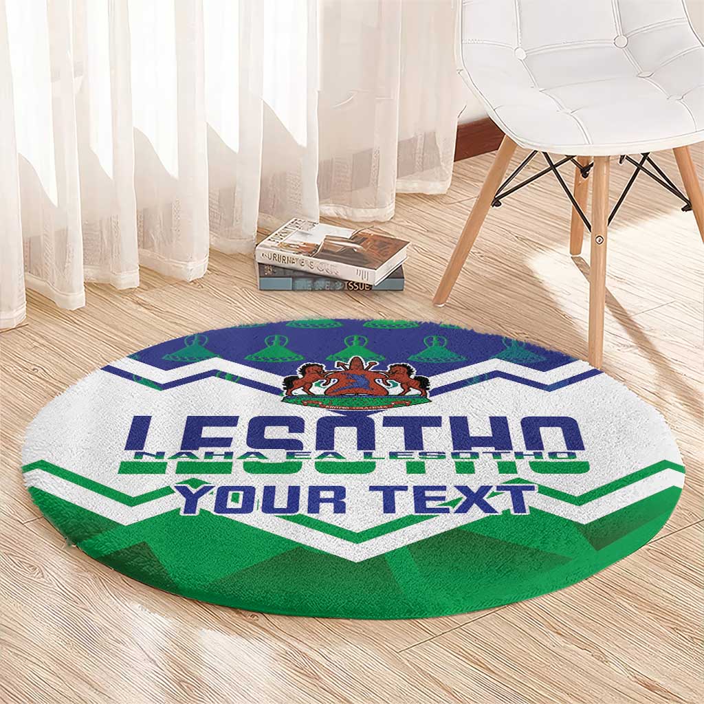 Round green rug with LESOTHO and YOUR TEXT text, blue and white chevrons