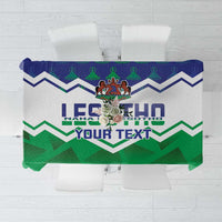 Green tablecloth with blue and white zigzag graphics and 'YOUR TEXT' personalization