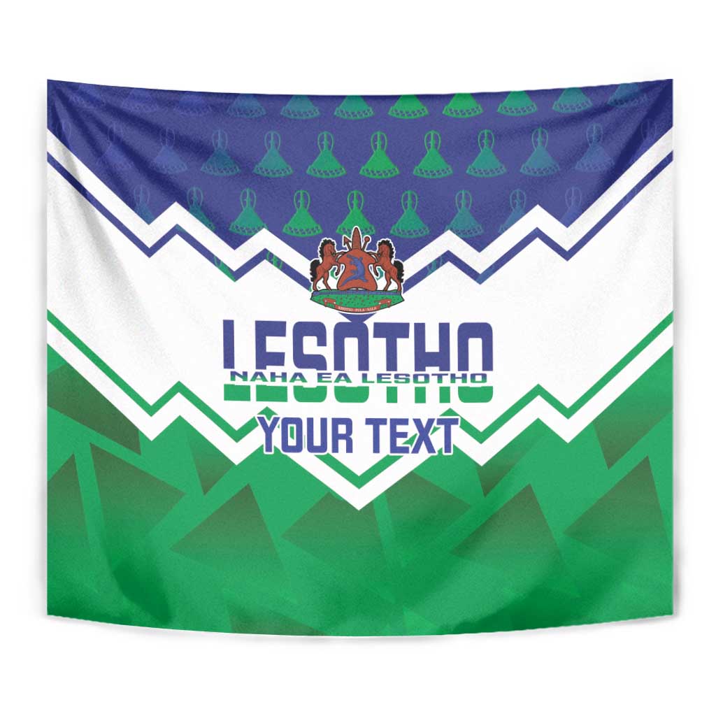 Independence Day tapestry, flat front view, green and blue zigzag design with crest and 'YOUR TEXT'