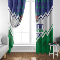Lesotho-themed window curtain set with blue-and-green zigzag pattern and 'YOUR TEXT' print.