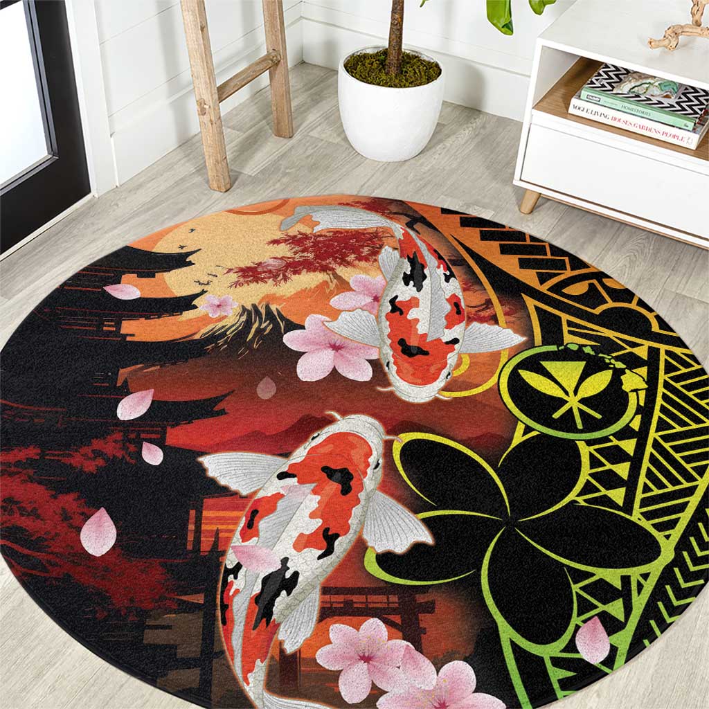 Round koi fish area rug with floral and tribal tattoo pattern, black red orange green