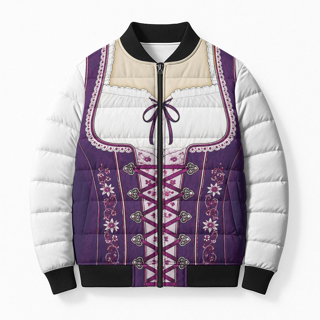 Dirndl Costume Oktoberfest Bomber Puffer Jacket German Tracht Edelweiss Purple Version