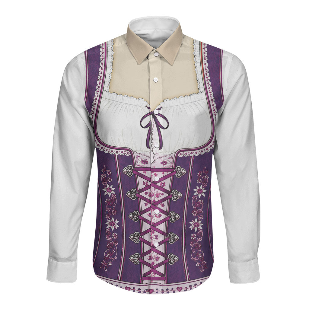 Dirndl Costume Oktoberfest Long Sleeve Button Shirt German Tracht Edelweiss Purple Version