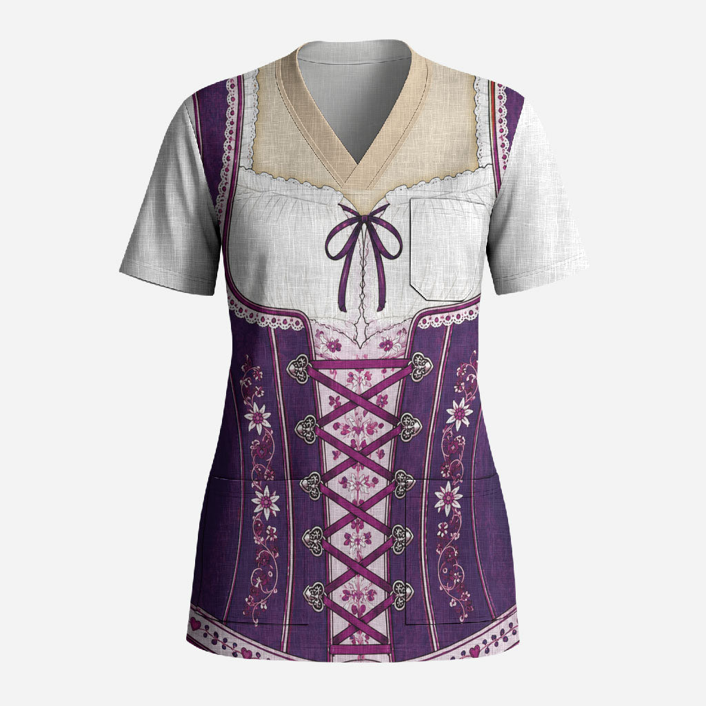 Dirndl Costume Oktoberfest Scrub Top German Tracht Edelweiss Purple Version