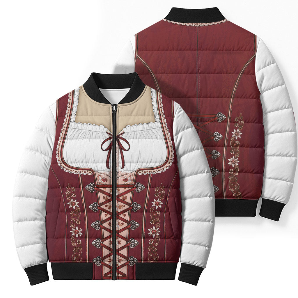 Dirndl Costume Oktoberfest Bomber Puffer Jacket German Tracht Edelweiss Red Version