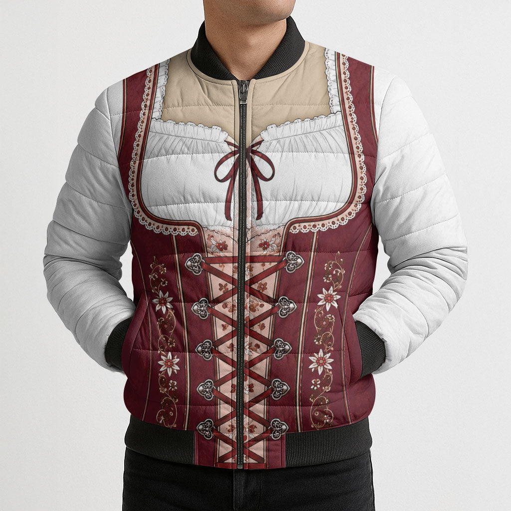 Dirndl Costume Oktoberfest Bomber Puffer Jacket German Tracht Edelweiss Red Version