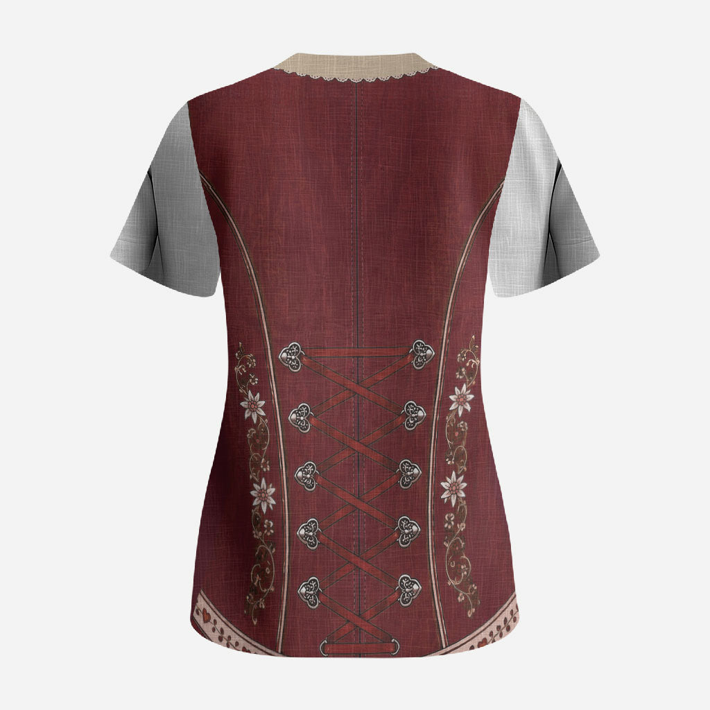 Dirndl Costume Oktoberfest Scrub Top German Tracht Edelweiss Red Version