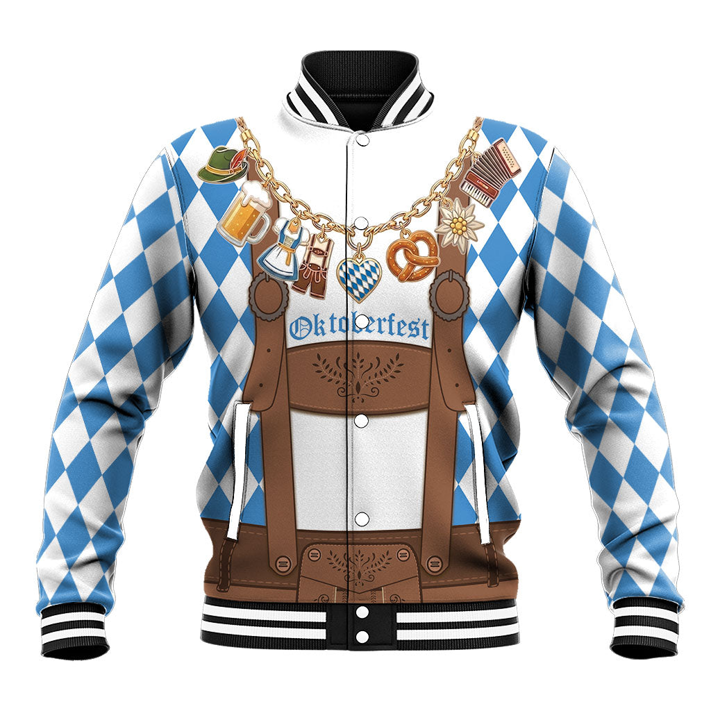 Lederhosen Costume Oktoberfest Baseball Jacket Iconic Symbols Necklace Bavarian Flag Pattern