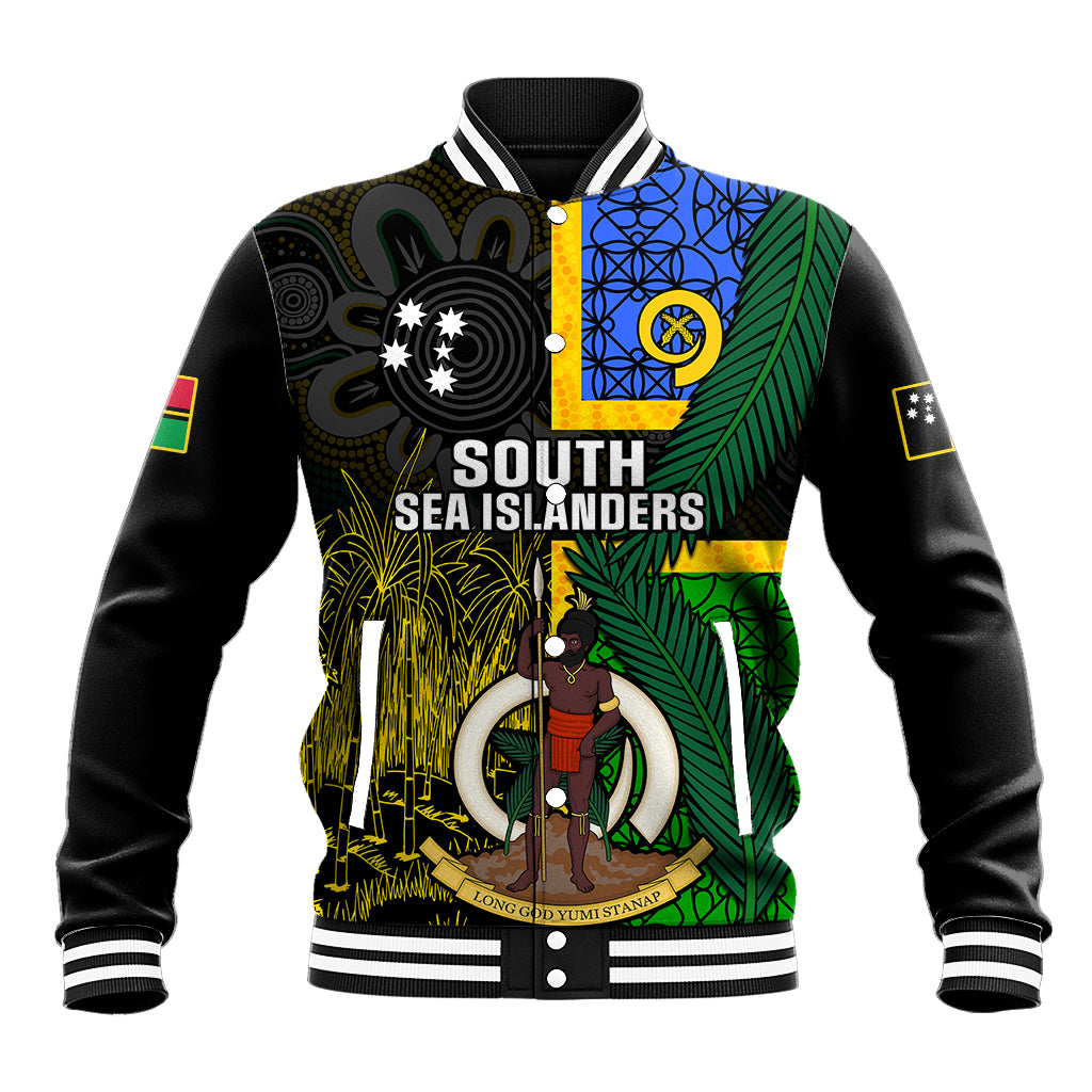 Black baseball jacket with ribbed collar and colorful front emblem graphic