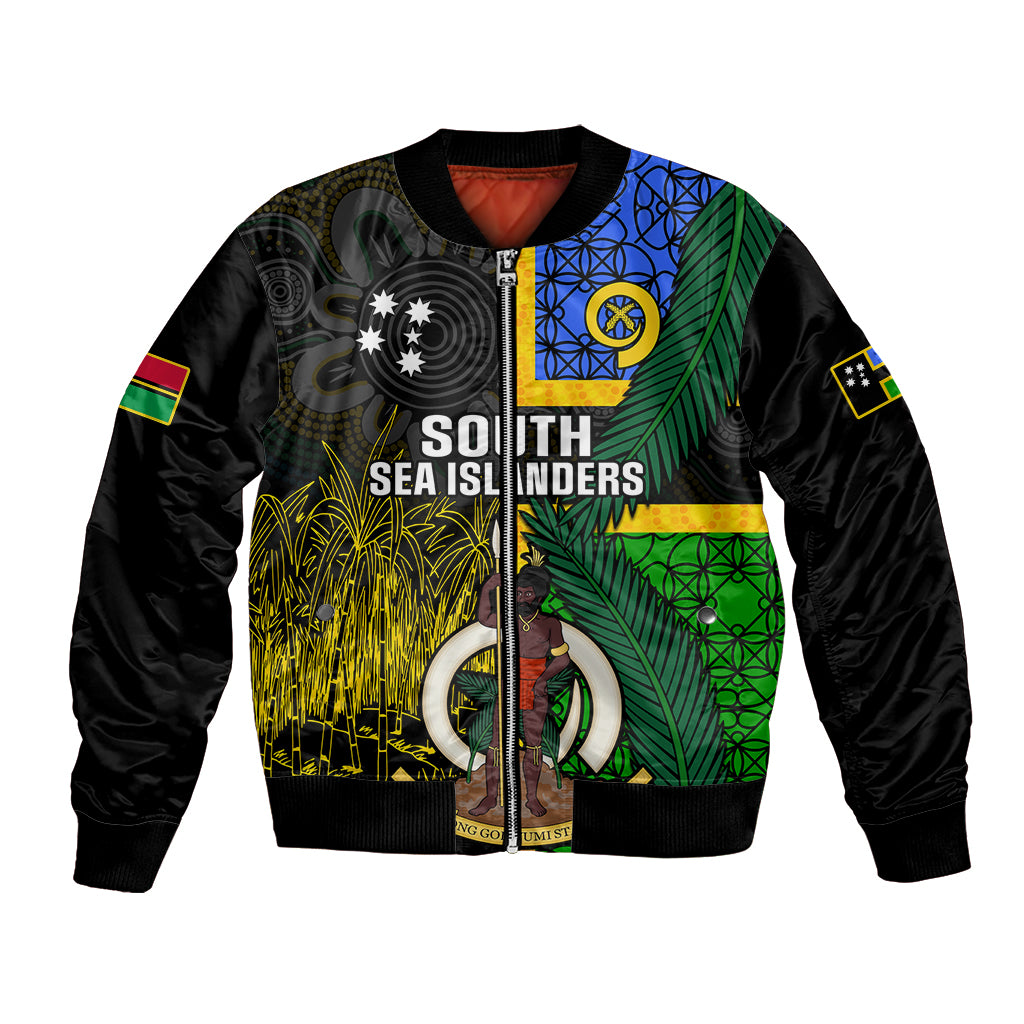 Black bomber jacket with colorful South Sea Islanders graphic and zip front